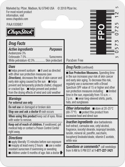 ChapStick Moisturizer Original Lip Balm – Pocket-Size SPF 15 for Hiking, Camping and Beach Days, 0.15 oz Tubes, Pack of 12