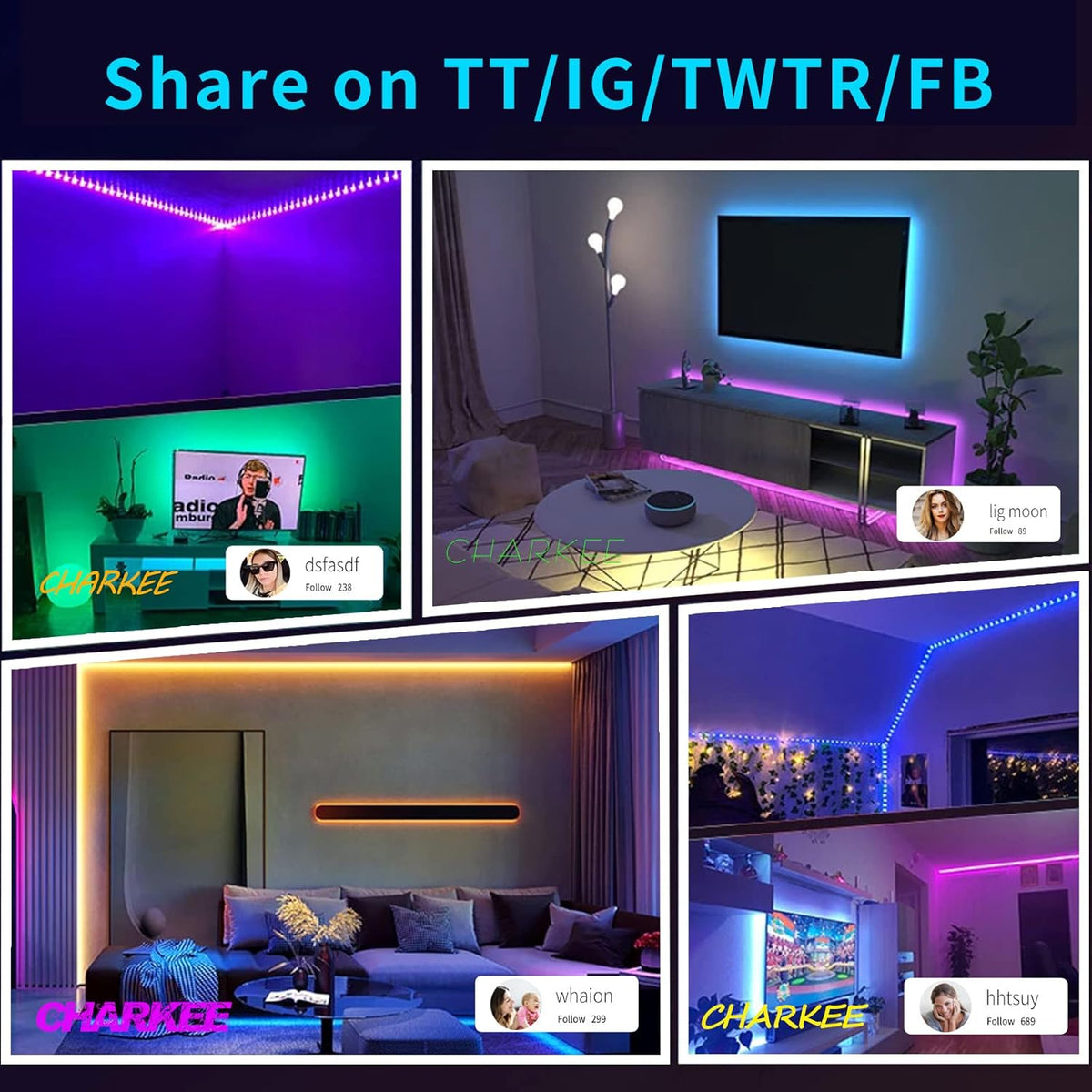 CHARKEE LED Strip Lights for Kids Bedroom, USB Powered Low Voltage 5V RGB Light Strip Safe for Children and Pets, App and Remote Dimmable