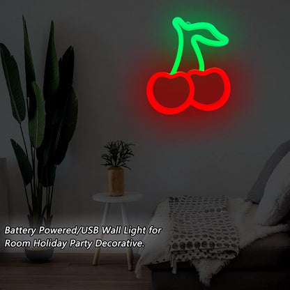 Cherry Neon Sign - Flameless LED Wall Light, Safe Bedroom Lighting Around Kids and Pets