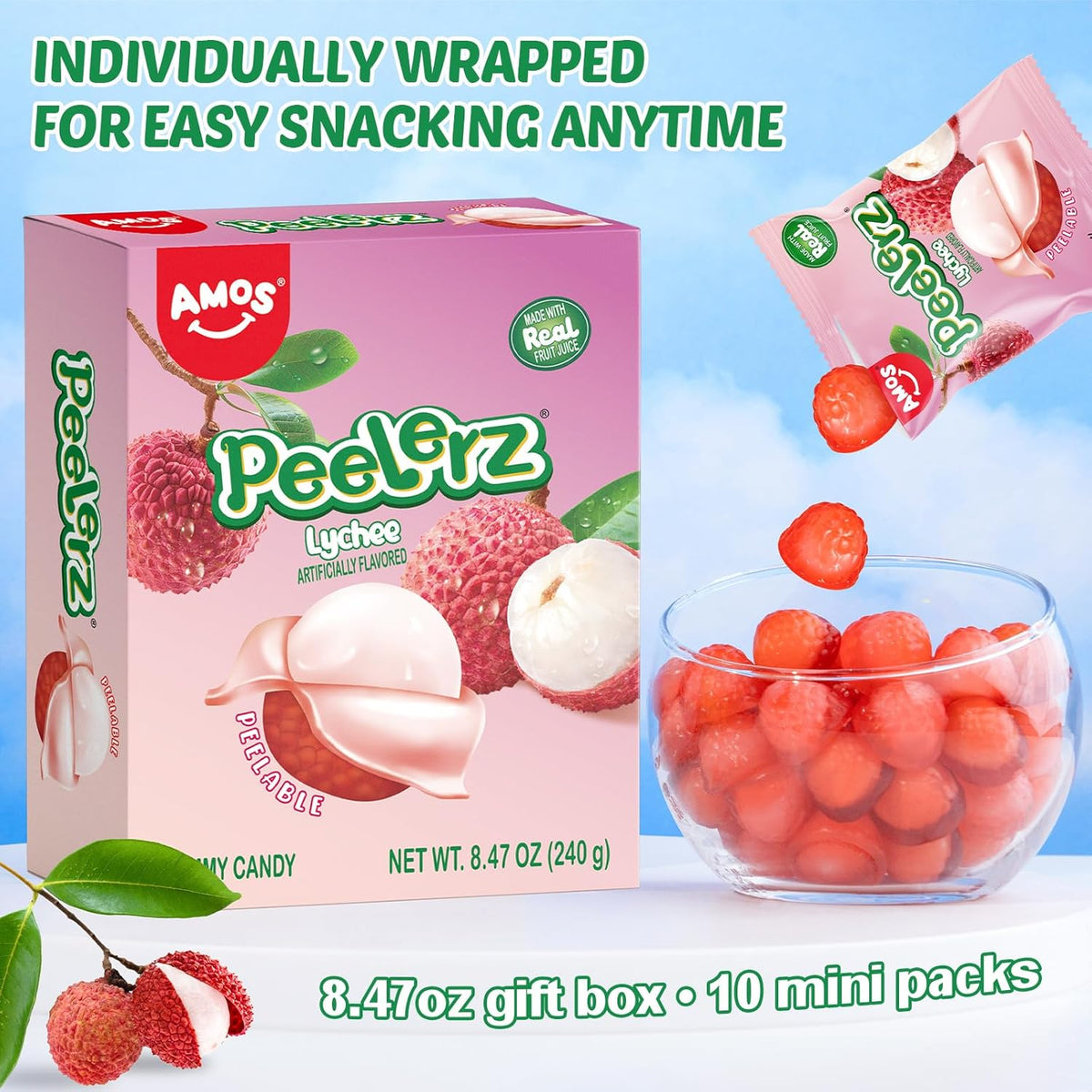 chewy gummy candy consistency designed for age 3+ and labeled for school, party, roadtrip, and gift occasions