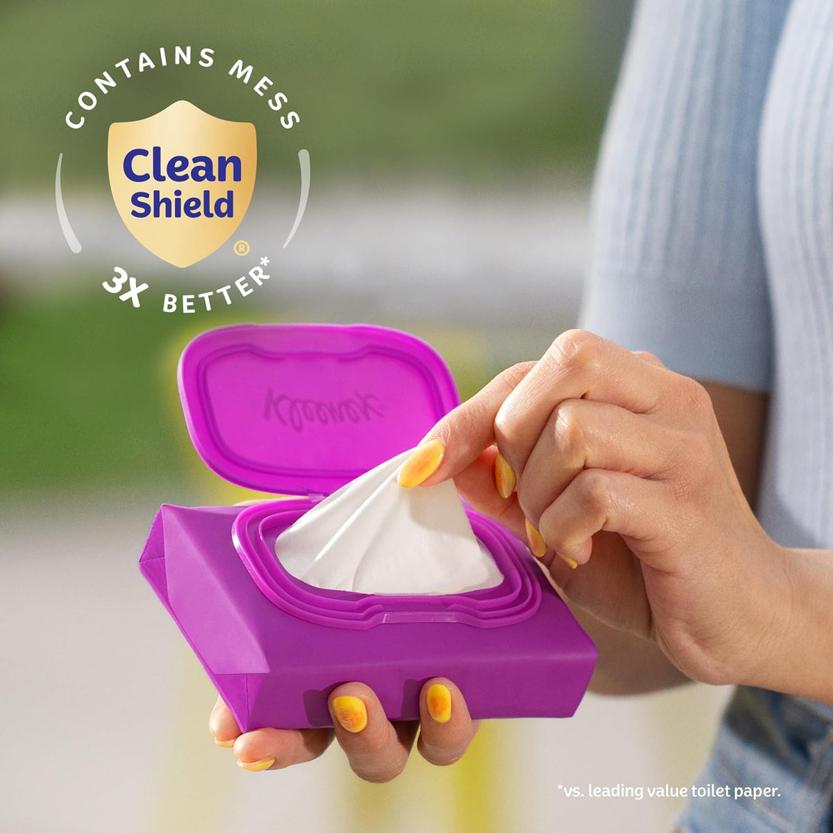 clean shield layered design for 3x better mess containment versus leading value toilet paper