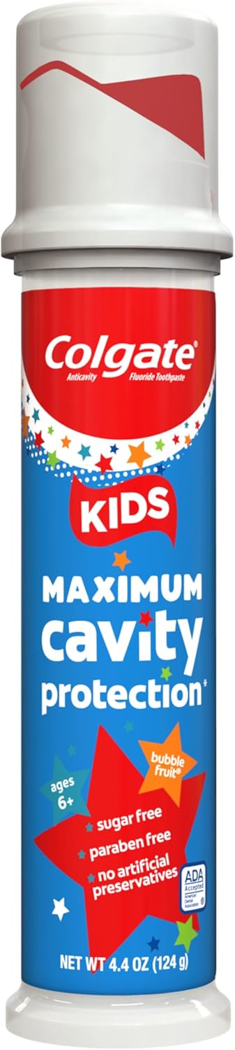 Colgate Kids Anticavity Fluoride Toothpaste Pump for Ages 6+, ADA Accepted Bubble Fruit, 4.4 Oz, 6 Pack for the Family Bathroom