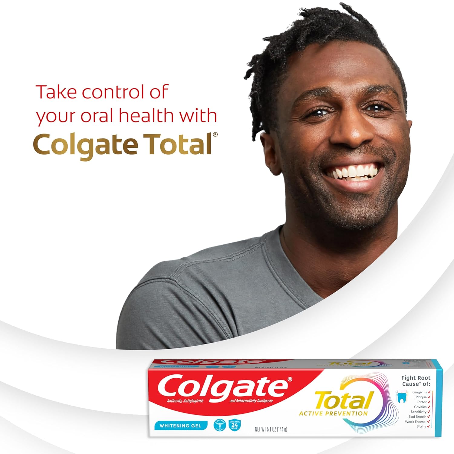 Colgate Total Active Prevention Whitening Gel Toothpaste – Daily Self-Care Ritual for Master Bathroom, Mint Anticavity Fluoride 4 Pack 5.1 oz