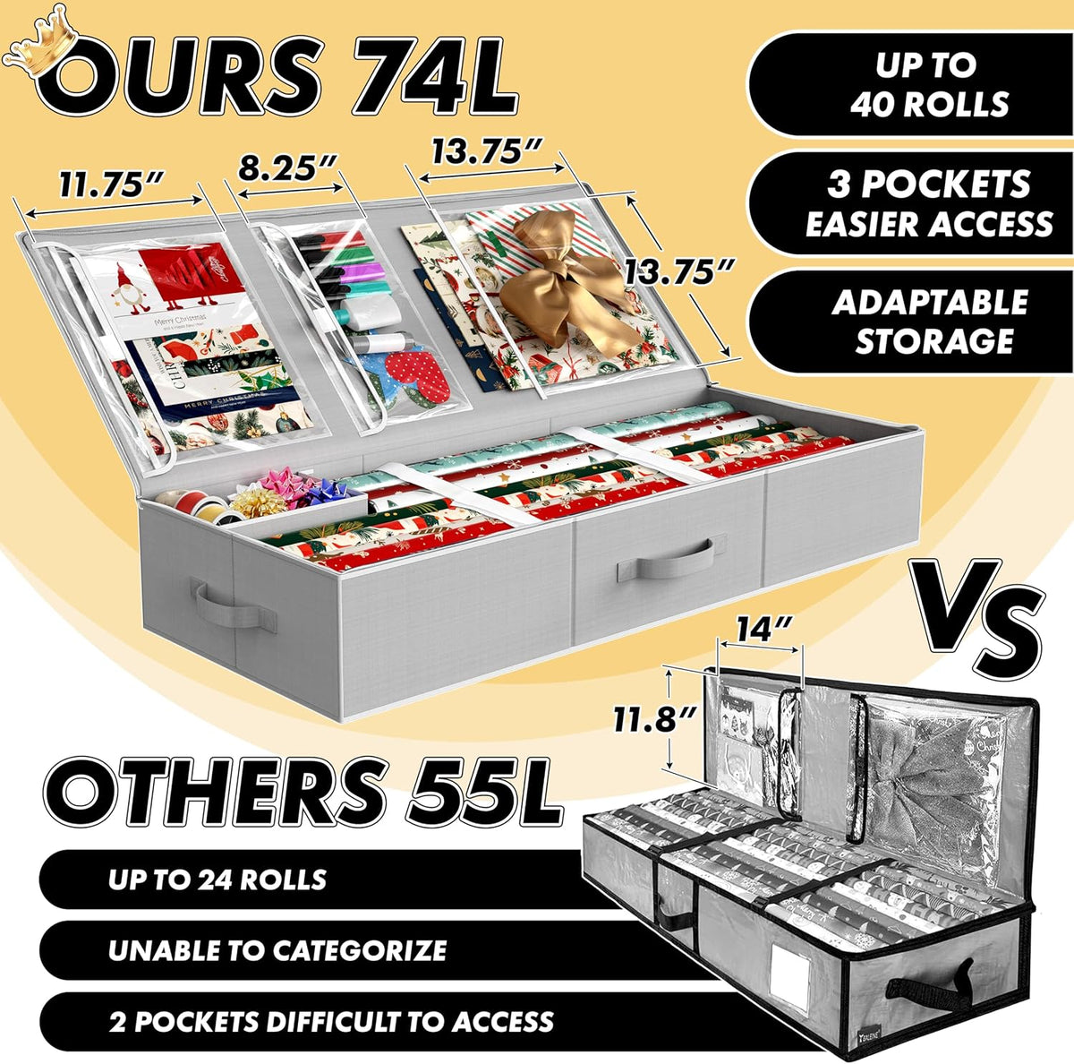 collapsible, no-assembly design measuring 41.5" l x 16.5" w x 6.6" h that slides under beds or onto shallow shelves
