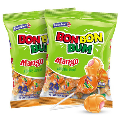 Colombina Bon Bon Bum Lollipops w/Bubble Gum Center, Mango Flavor, Individually Wrapped, Ideal for Party Favors and Gifts, 2 Pack (48 Count)