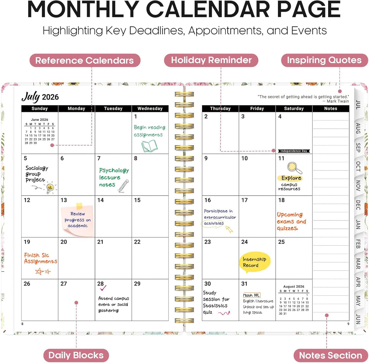 combined monthly and weekly calendar layouts with dedicated areas for tasks, goals, and assignments