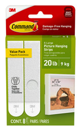 Command 20 Lb XL Heavyweight Picture Hanging Strips, Holiday Gift for College Students Moving Into Dorms and New Apartments, 8 Pairs White Adhesive Strips