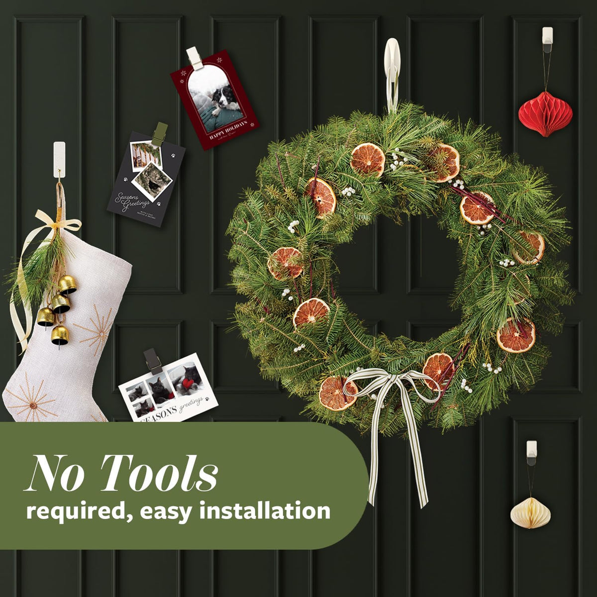 Command Christmas Hooks in Sage Green, 10 Piece Set for Cozy Living Room and Entryway Holiday Decorating