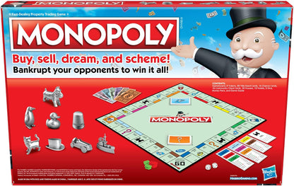 complete game set: gameboard, 28 title deed cards, 16 chance cards, 16 community chest cards, 32 houses, 12 hotels, 2 dice, money pack, and instructions