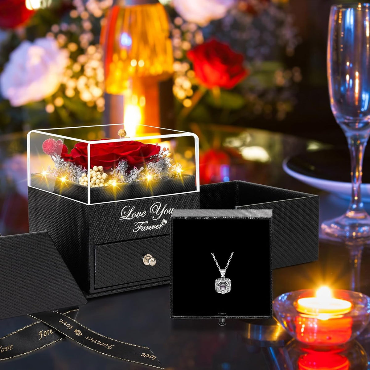 complete gift packaging set: rose, decorative box, necklace, gift bag, and greeting card
