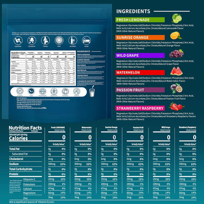 comprehensive mineral stack: sodium, potassium, magnesium, zinc, calcium, iron, vitamin c, vitamin d