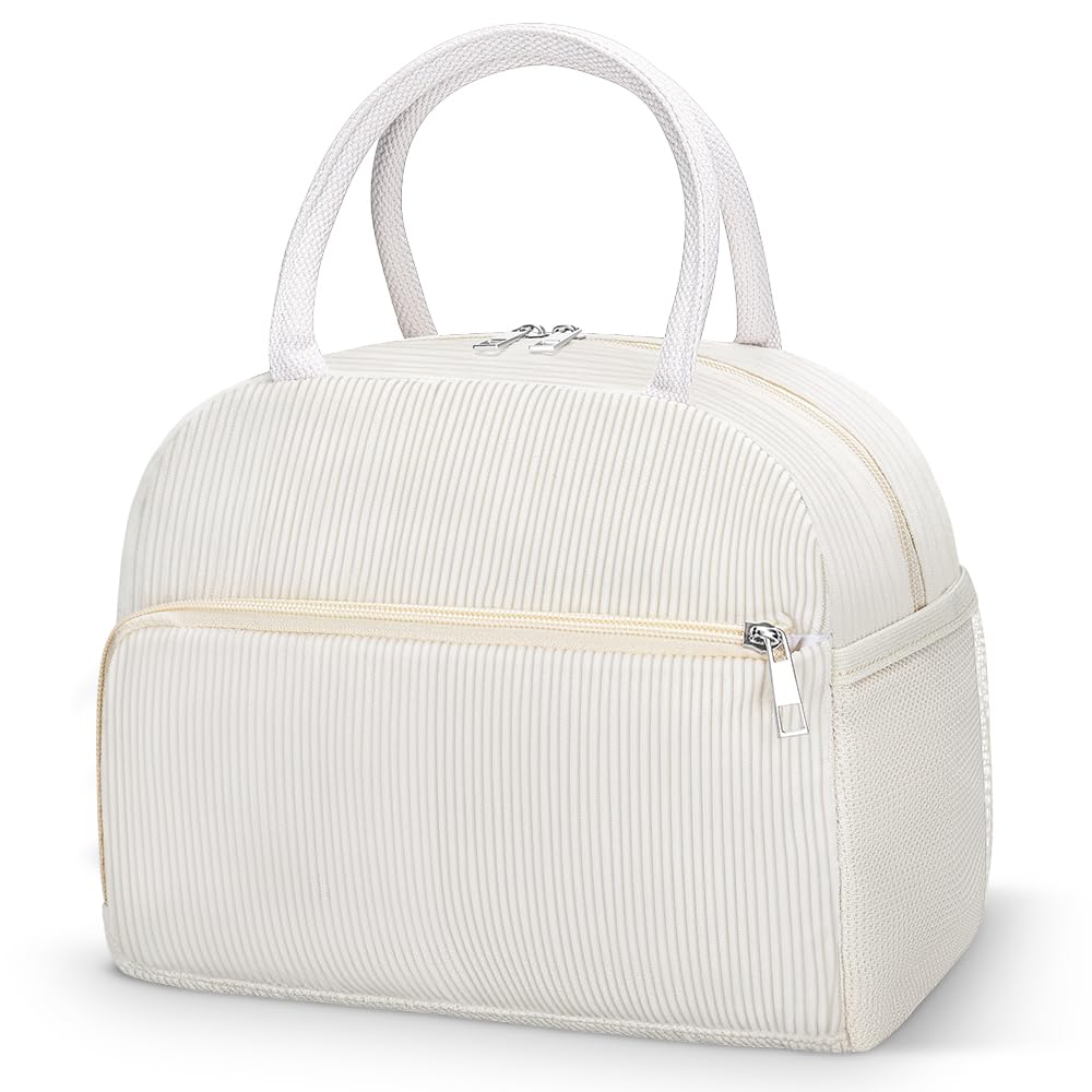 Coobiiya Lunch Bag for Women Men, Cute Corduroy Lunch Tote Bags Insulated Reusable LunchBox Large Capacity Cooler Bag for Work Travel Picnic