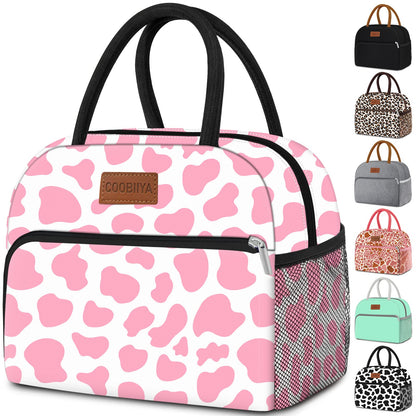 Coobiiya Lunch Bag Women, Lunch Box for Women Adult Men, Small Leak-proof Cute Lunch Tote Large Capacity Reusable Insulated Cooler Lunch Container for Work/Office/Picnic/Travel-Pink Cow