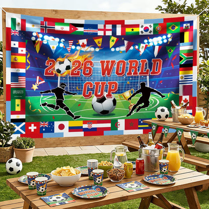 coordinates with matching tablecloths, plates, napkins, and flag banners for full theme