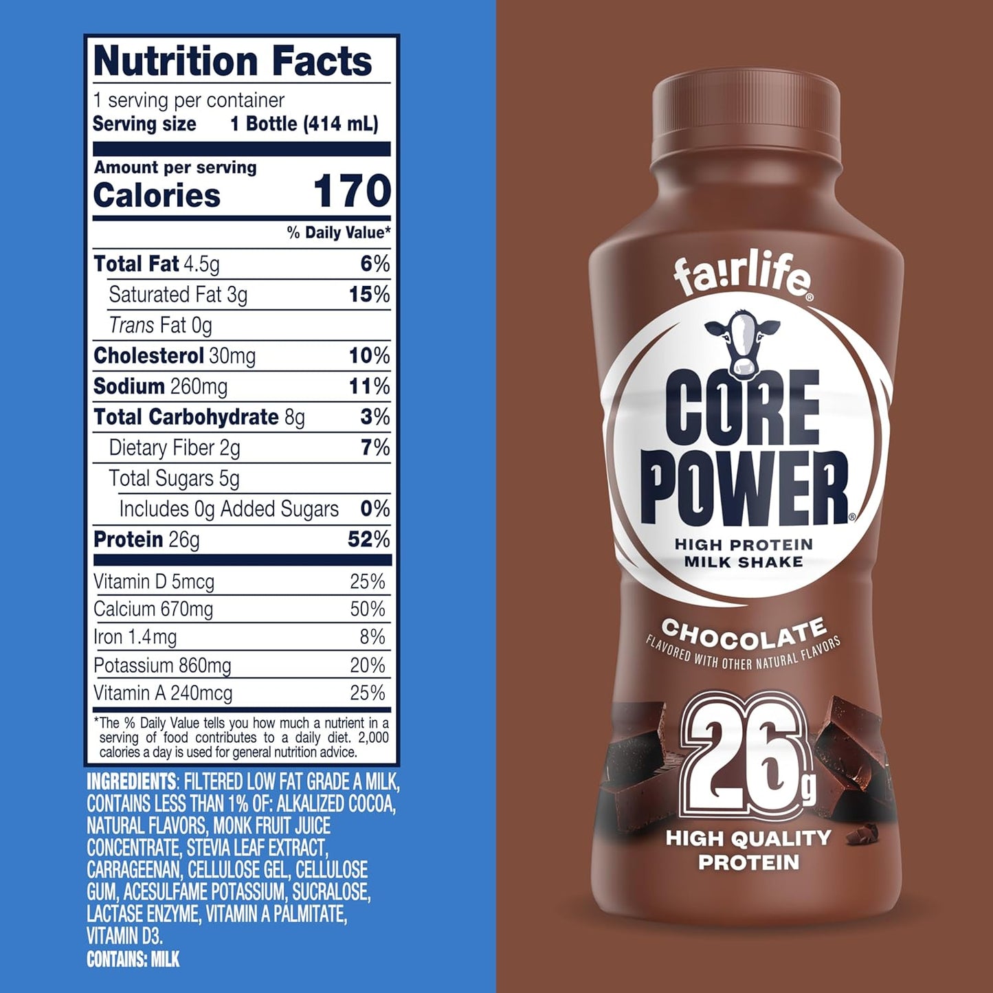 Core Power Protein Shake – Portable Trail and Cycling Recovery Drink with Caffeine, Chocolate 14oz 12 Pack