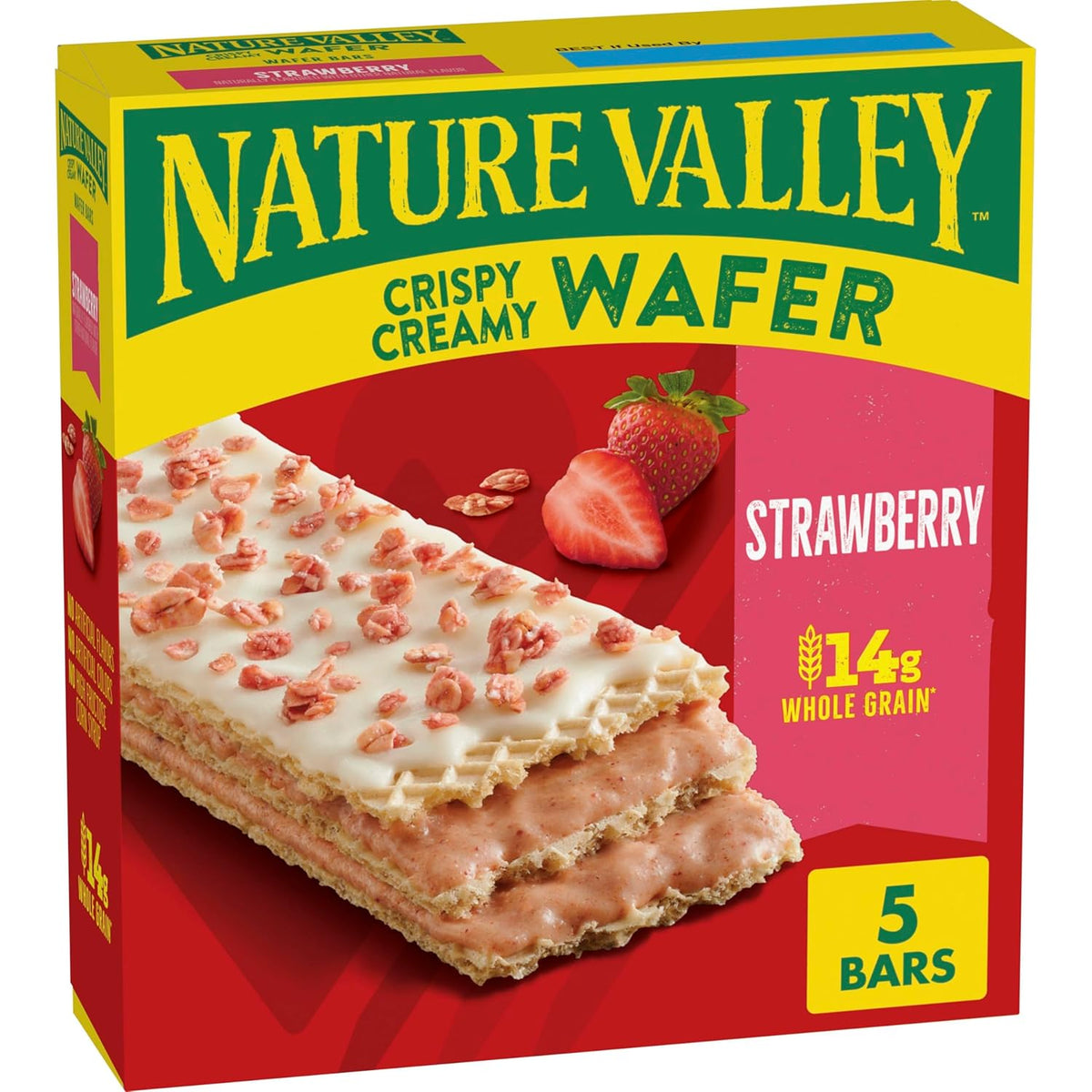 crispy wafer layers with strawberry-flavored creamy filling and crunchy granola topping