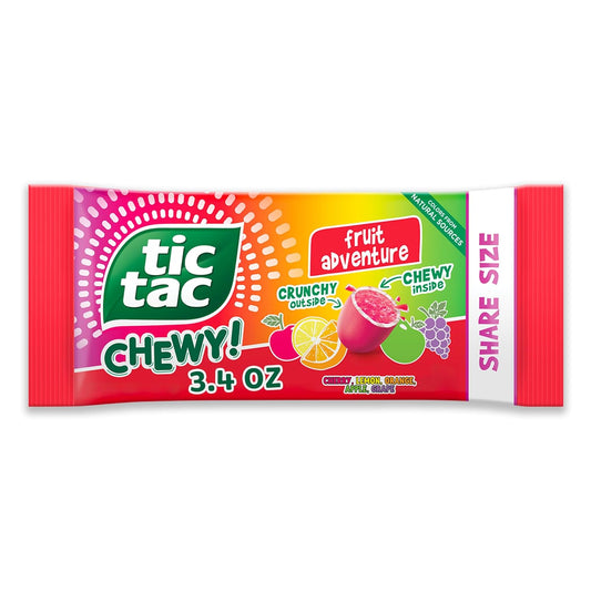 crunchy outer shell with chewy fruit center in tic tac shape