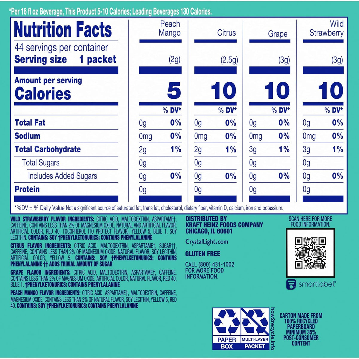 Crystal Light Energizing Powdered Drink Mix – Low-Calorie Soda Replacement for Gym Bags and Fridges, 44 ct