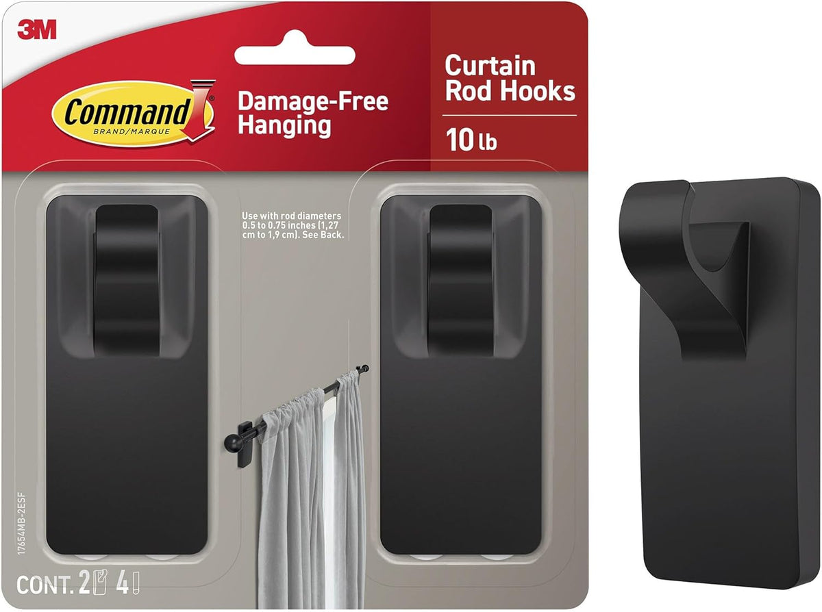 damage-free 3m command adhesive strips (4 included) rated up to 10 lbs per hook