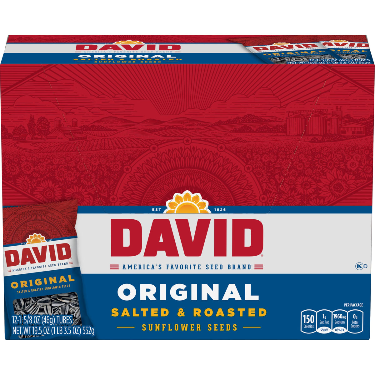 DAVID Roasted and Salted Sunflower Seeds, Original Flavor, 1.625oz. (Pack of 12)