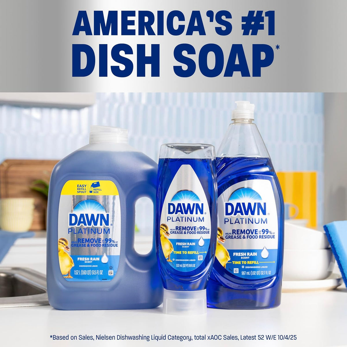 Dawn Platinum Dish Soap Refill Jug for Patio and Deck Cleanup, Fresh Rain Scent Dish Detergent for Outdoor Furniture and Surfaces