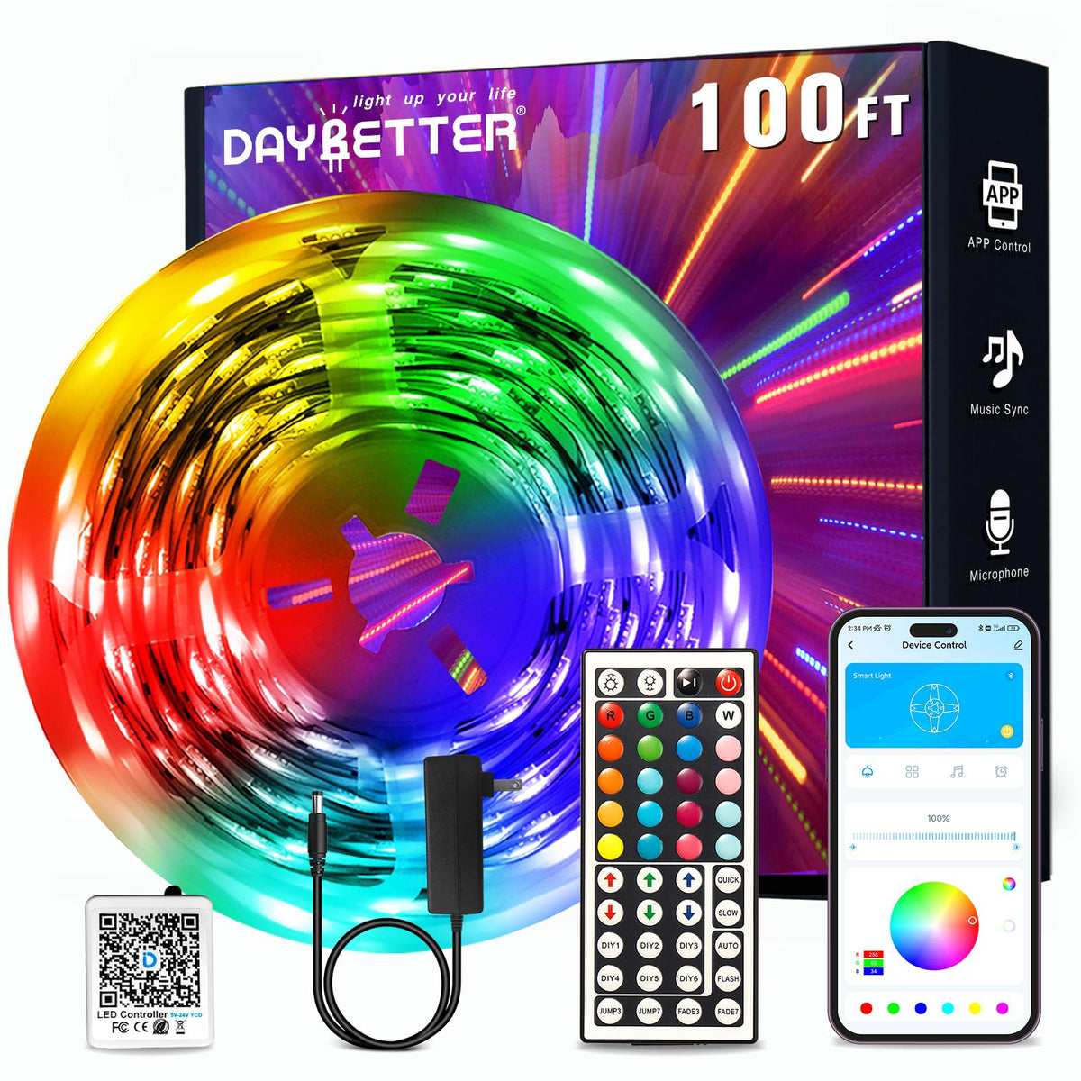 DAYBETTER LED Strip Lights 100ft, Smart Lighting with App Remote Control, RGB LED Lights for Bedroom, Music Sync Color Changing for Room Home Decor Party (1 Roll)