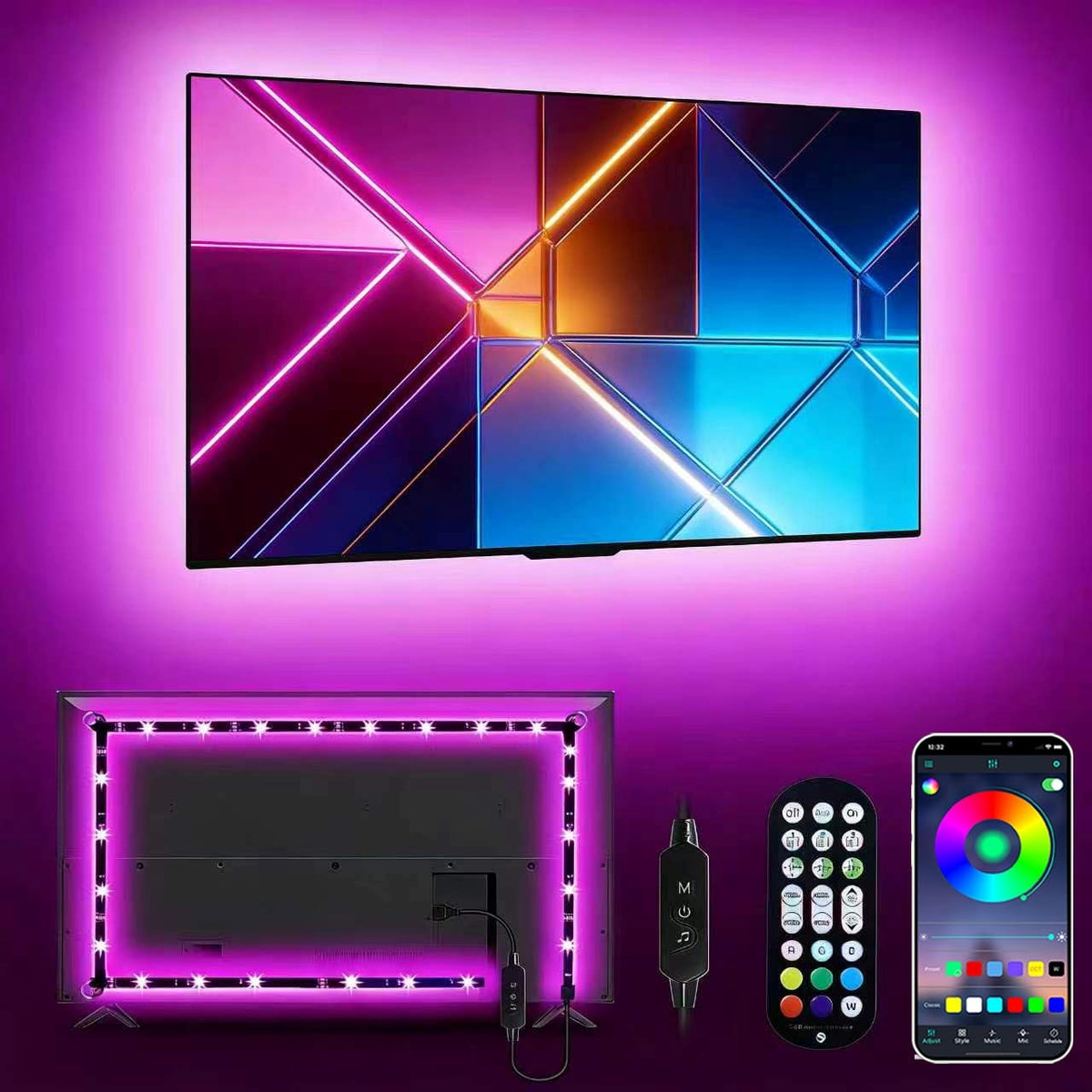 Daymeet LED Lights RGB Backlight, 16.4ft Strip for 65-85 inch TV Behind, Music Sync USB Bluetooth APP Remote Control Color Changing Light for Gaming Room