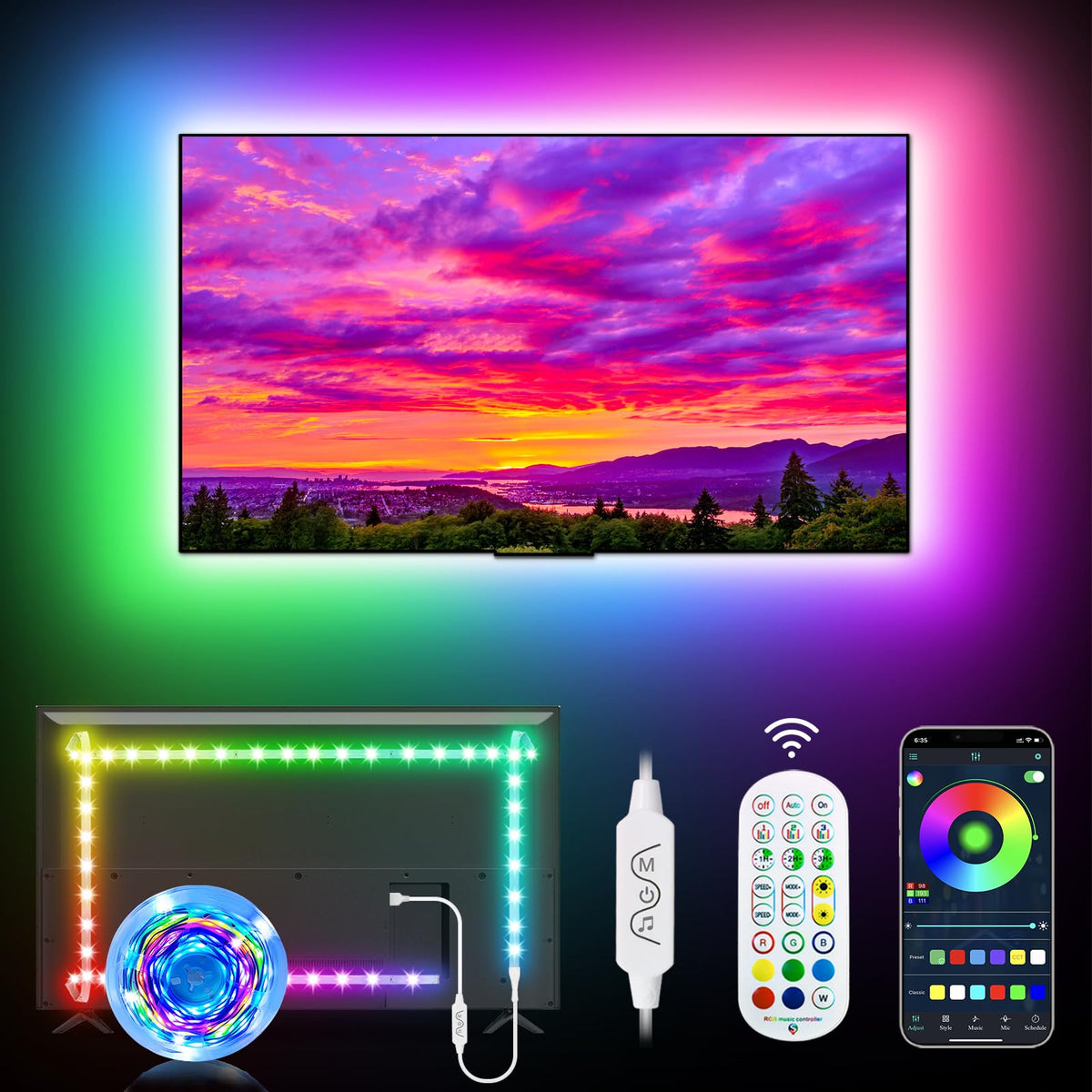 Daymeet RGB 9.84ft LED Strip Lights for 32-43in TV, Dreamcolor Music Sync TV Backlight Color Changing, APP Remote Control for Home Gaming Room &amp;amp; Xmas Decor