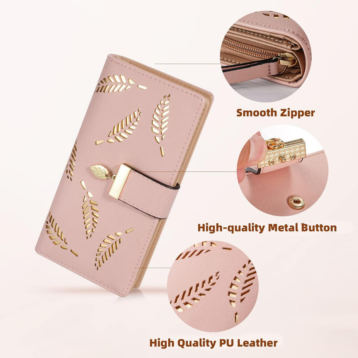 decorative leaf-shaped snap button closure with hollowed leaf detail