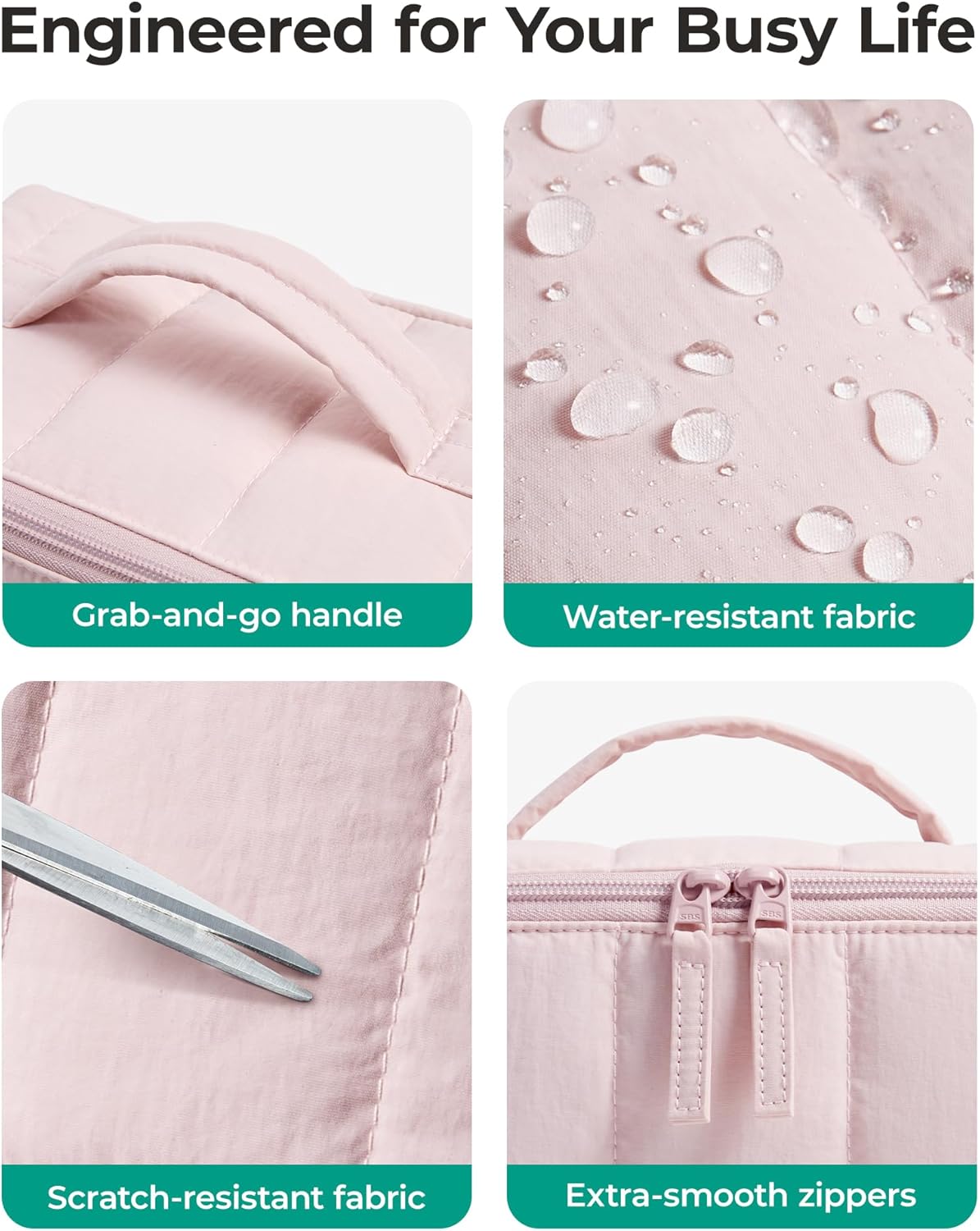 dedicated skincare corner plus tiny essentials pockets for rings, hair ties, or samples