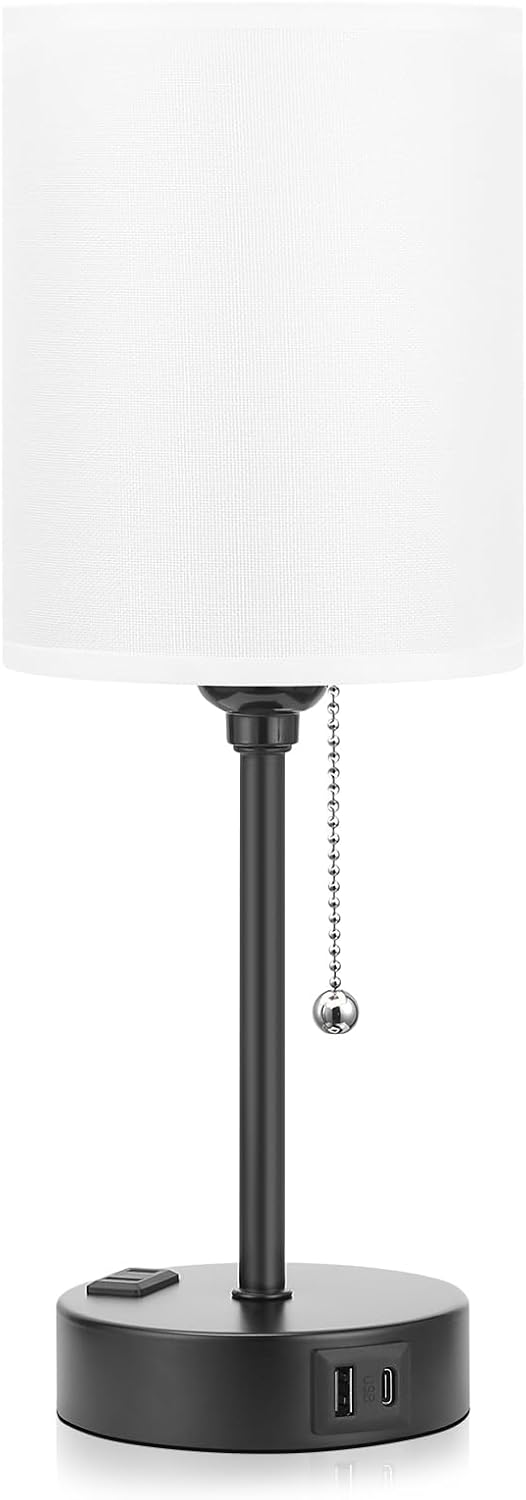 Dicoool Decorative Table Lamp for Bedroom – Drum Shade Bedside Light with USB-C, USB-A, and AC Outlet, 20+ Finishes