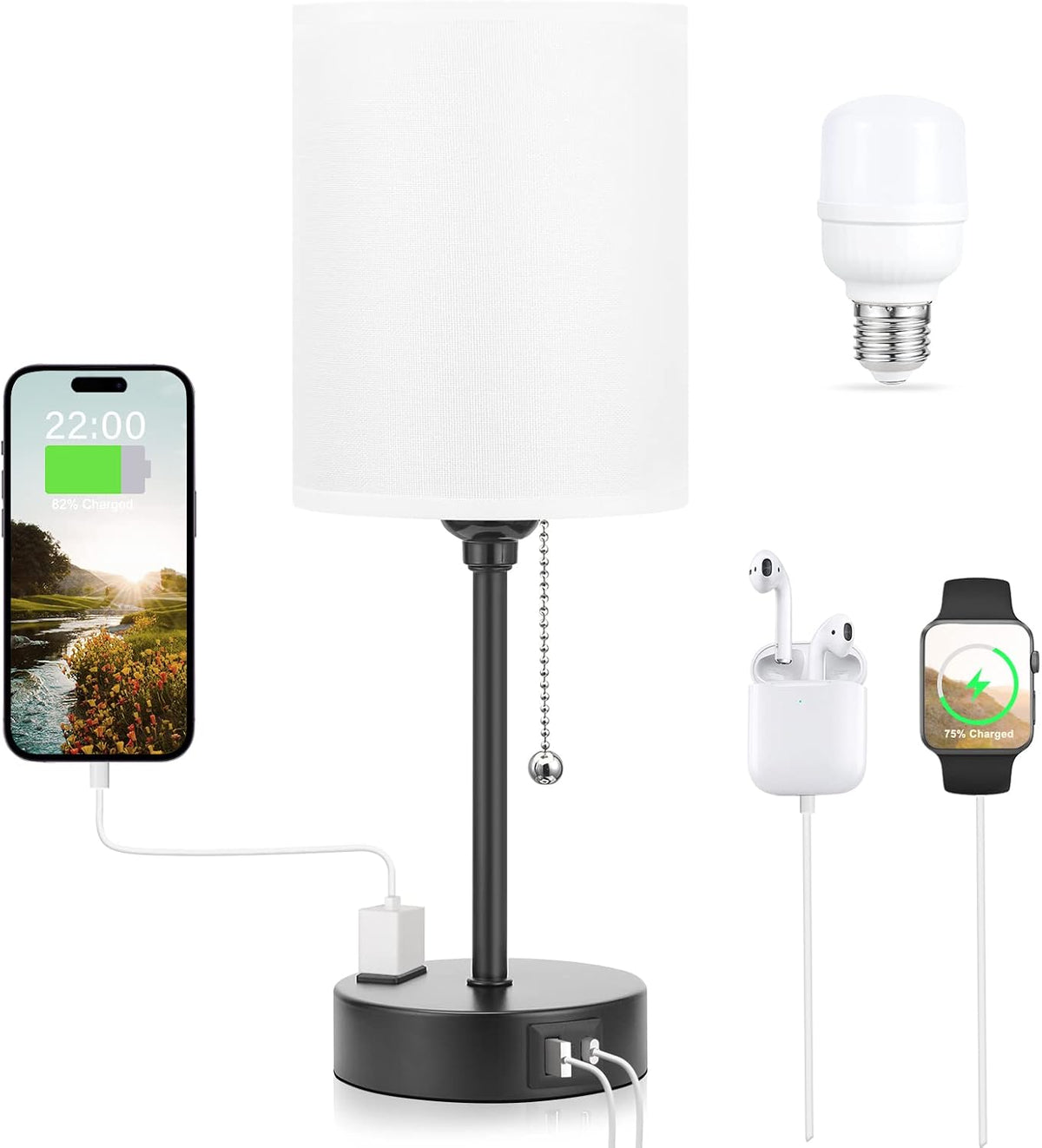 Dicoool Decorative Table Lamp for Bedroom – Drum Shade Bedside Light with USB-C, USB-A, and AC Outlet, 20+ Finishes