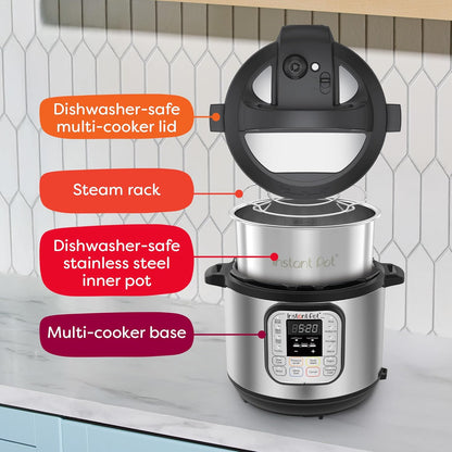 dishwasher-safe lid and inner pot with included stainless steel steamer rack