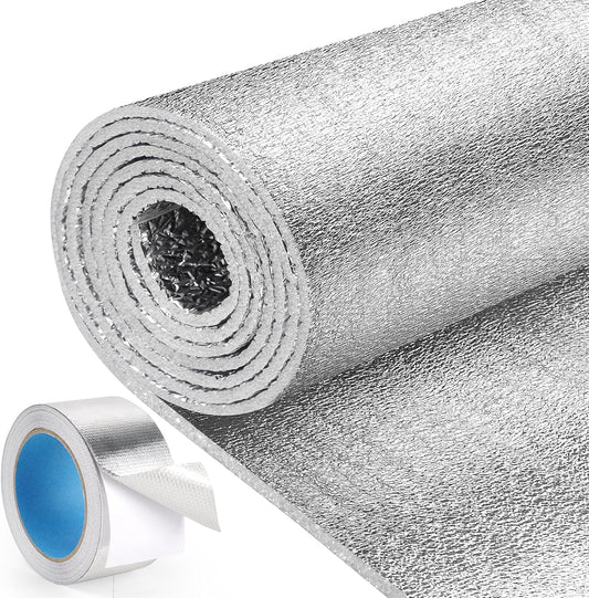 double-sided aluminum foil laminated to a 3mm polyethylene foam core for radiant and conductive heat blocking