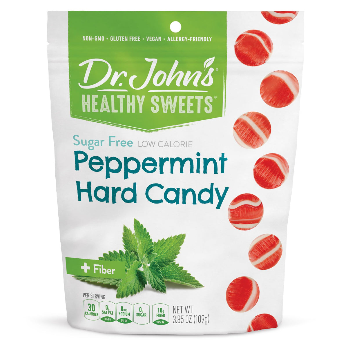 Dr. John&amp;#39;s Heathy Sweets Peppermint Hard Candy with Zero Sugar, Dye-Free, Plant Based, Keto Friendly, 24 Count, 3.85oz Bag