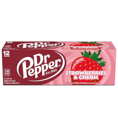Dr Pepper Strawberries & Cream 12 fl oz Cans – Shelf-Stable Pack for Cookouts, Tailgates, and Patio Lunches