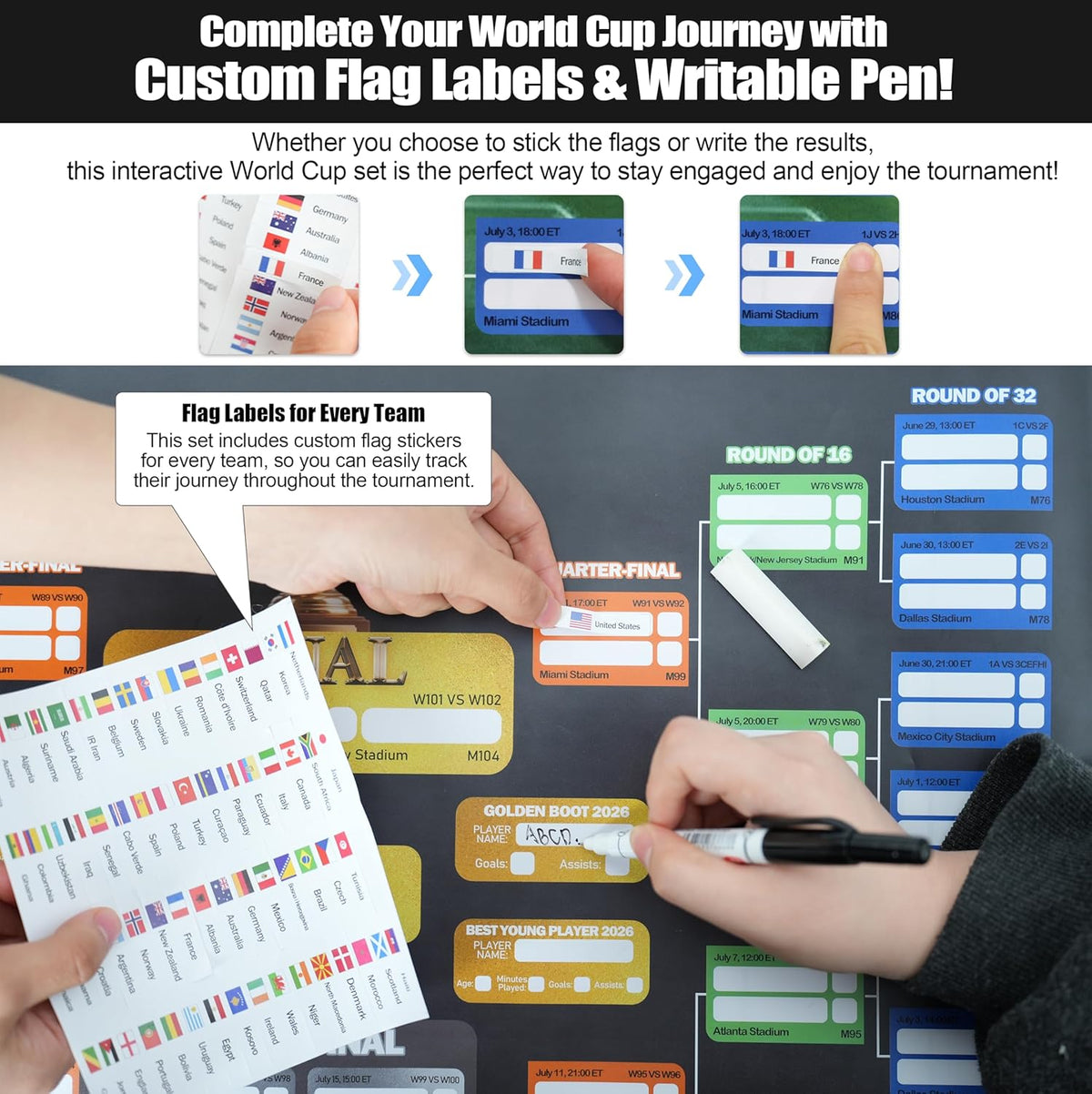 dry-erase compatible surface with included black marker and premium eraser producing clean rubber strips