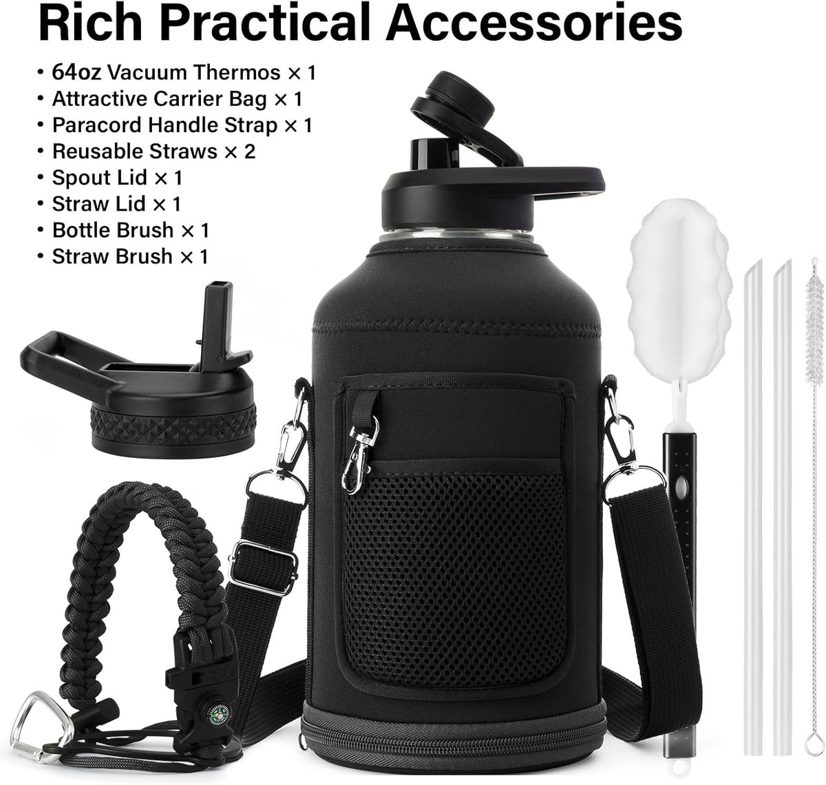 dual lid system: straw cap for sipping + spout cap for pouring