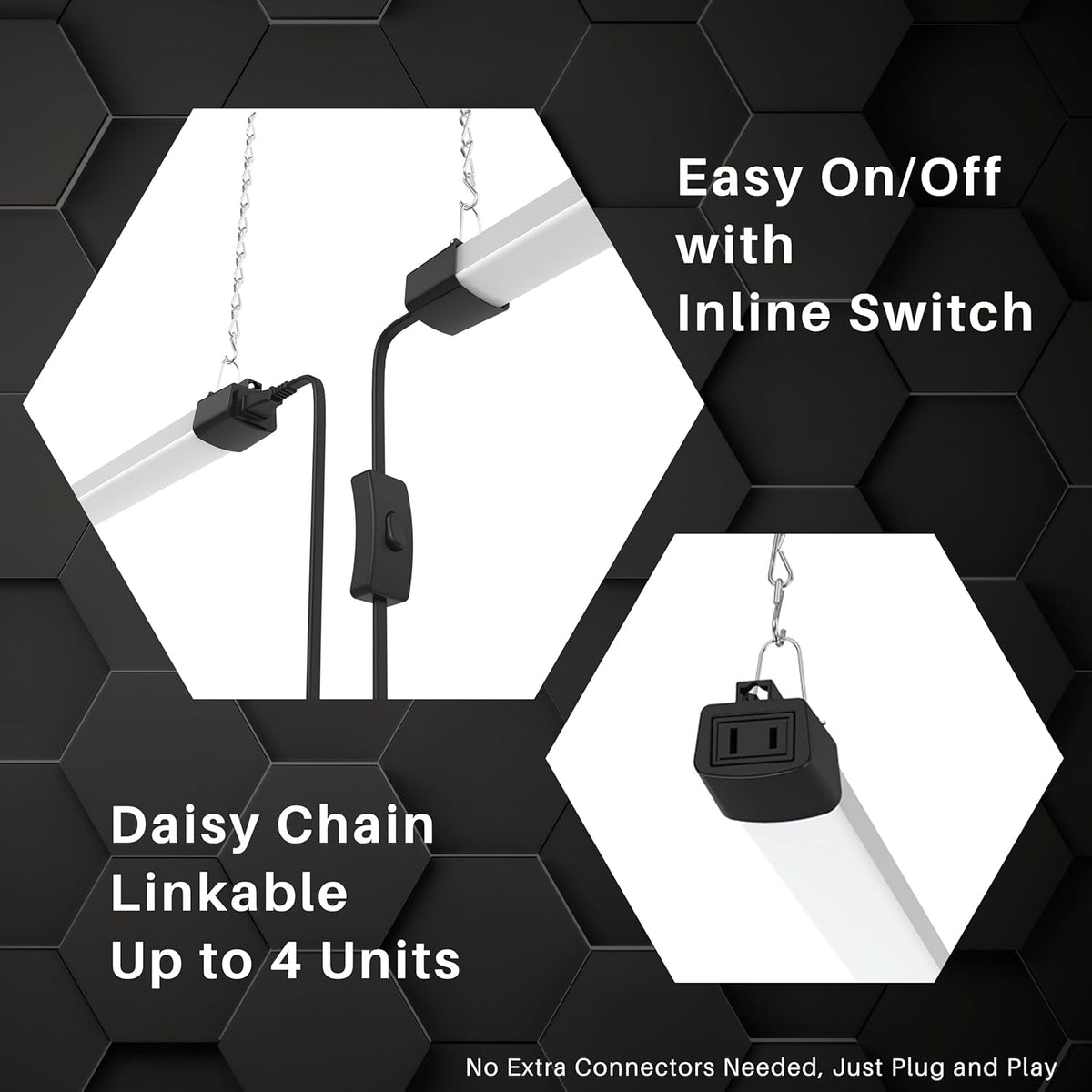 dual mounting options: surface mount via included hardware or suspended from hooks