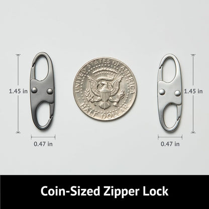 dual-opening locking hinge that clamps both zipper sliders at once