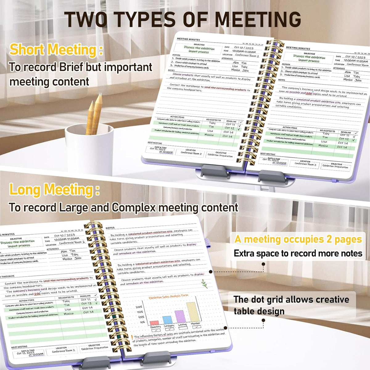 dual page layouts: one-page for short meetings, two-page spread for detailed sessions