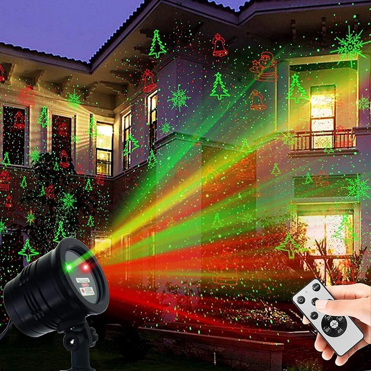 dual red and green laser diodes with 5 swappable patterns (snowflake, bell, tree, santa, stars) covering up to 3800 sq ft from 33 ft away