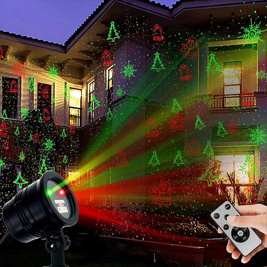 dual red and green laser with 5 pattern lenses (snowflakes, jingle bells, trees, santa claus, starry skies)