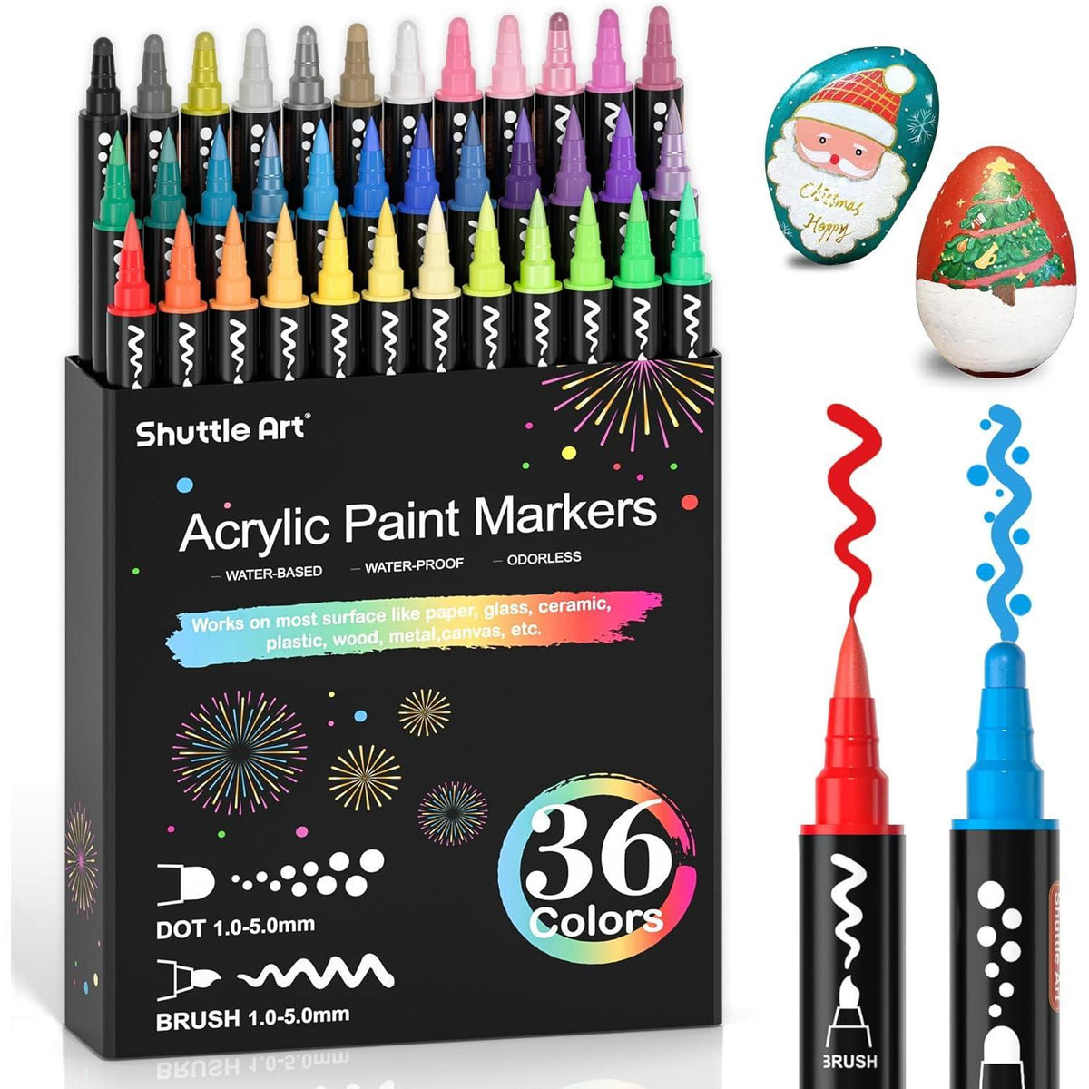 dual-tip design with 1-5mm flexible fiber brush tip and 1-3mm flexible fiber dot tip per pen