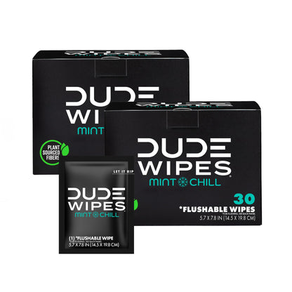 DUDE Wipes On-The-Go Mint Chill Travel Wipes - 2 Pack, 60 Count (Individually Wrapped) - Extra-Large Adult Flushable Wipes - Infused with Tea Tree Oil, Vitamin E, and Aloe - Septic and Sewer Safe