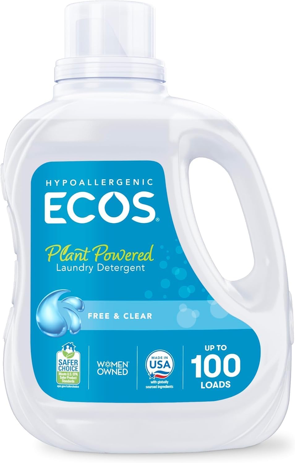 ECOS Laundry Detergent Liquid – EPA Safer Choice Certified Wash for Family Health and Cleaner Waterways, Free & Clear 100 Fl Oz