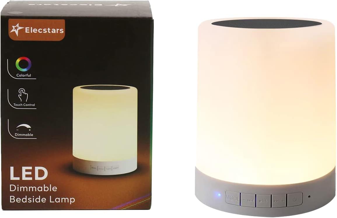 Elecstars Touch Bedside Lamp for Modern Bedroom Decor - Minimalist LED Night Light with Bluetooth Speaker in Compact 4.7-Inch Design