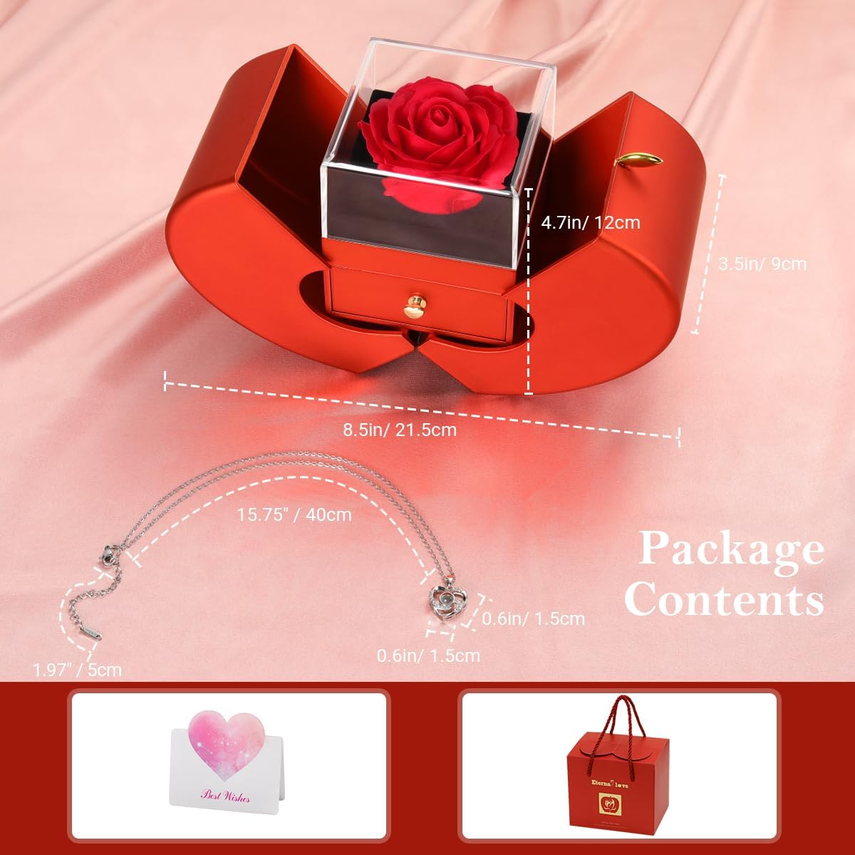 Emibele Eternal Rose Box and Heart Pendant – Romantic Anniversary Gift for Wife, Pre-Wrapped Jewelry and Flower Set