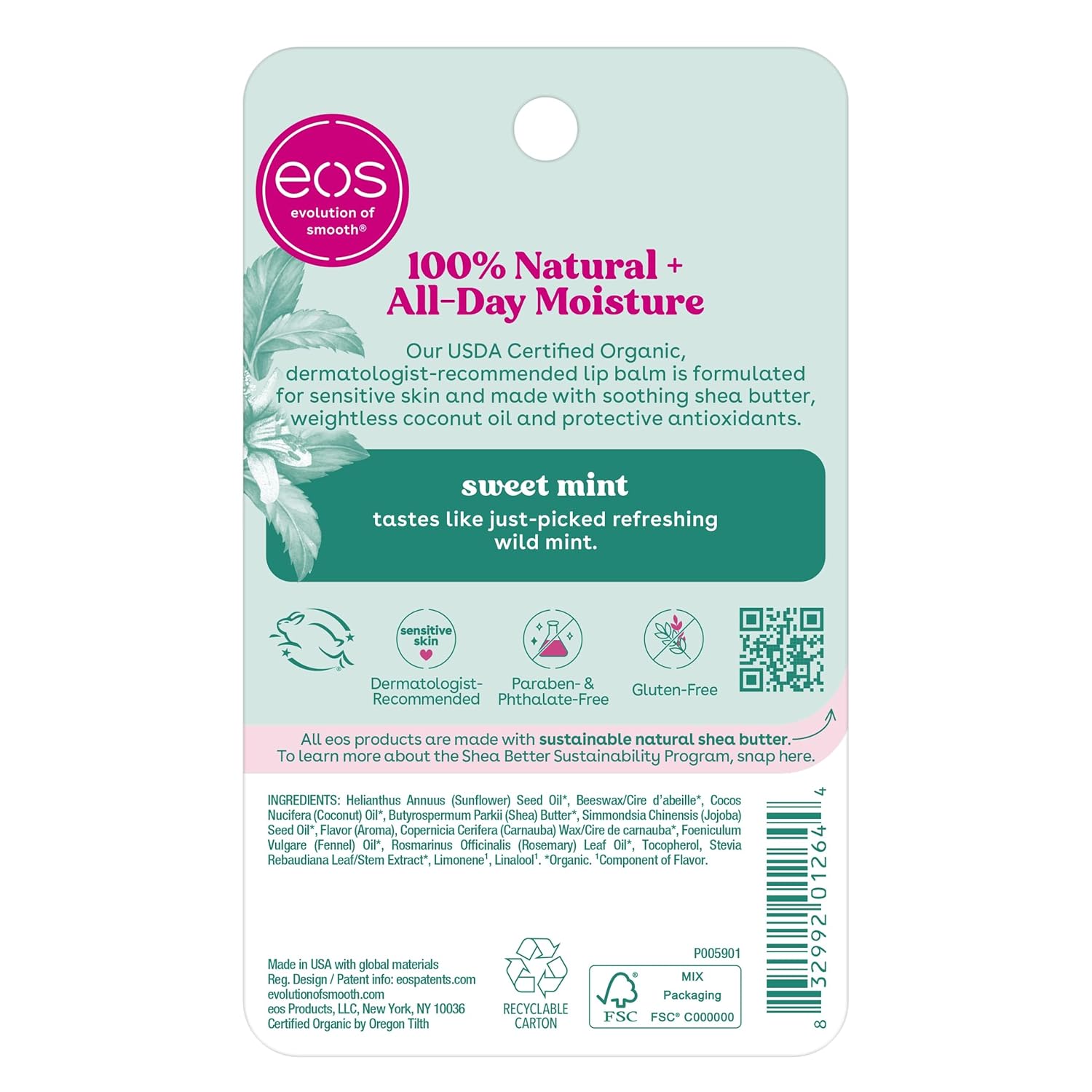 eos 100% Natural & Organic Lip Balm Sticks - Sweet Mint, Hypoallergenic Sensitive-Skin Care, No Parabens or Phthalates