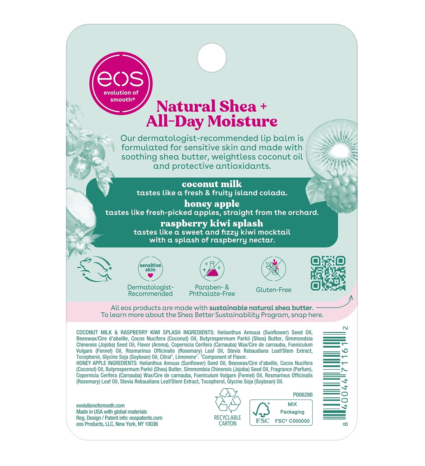 eos Natural Shea Lip Balm 3-Pack – Gentle and Hypoallergenic Lip Care Safe for Tweens, Teens and School Backpacks